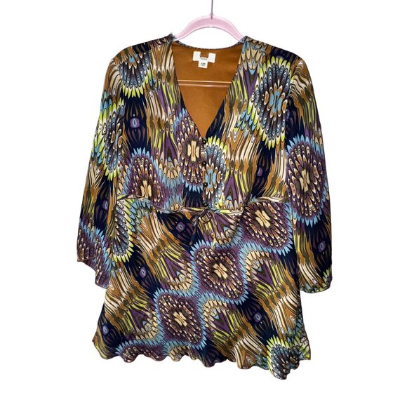 Boho Chic Size 14/16 Psychedelic Print V-Neck Long Sleeve Tunic Hippie Casual - Picture 1 of 3